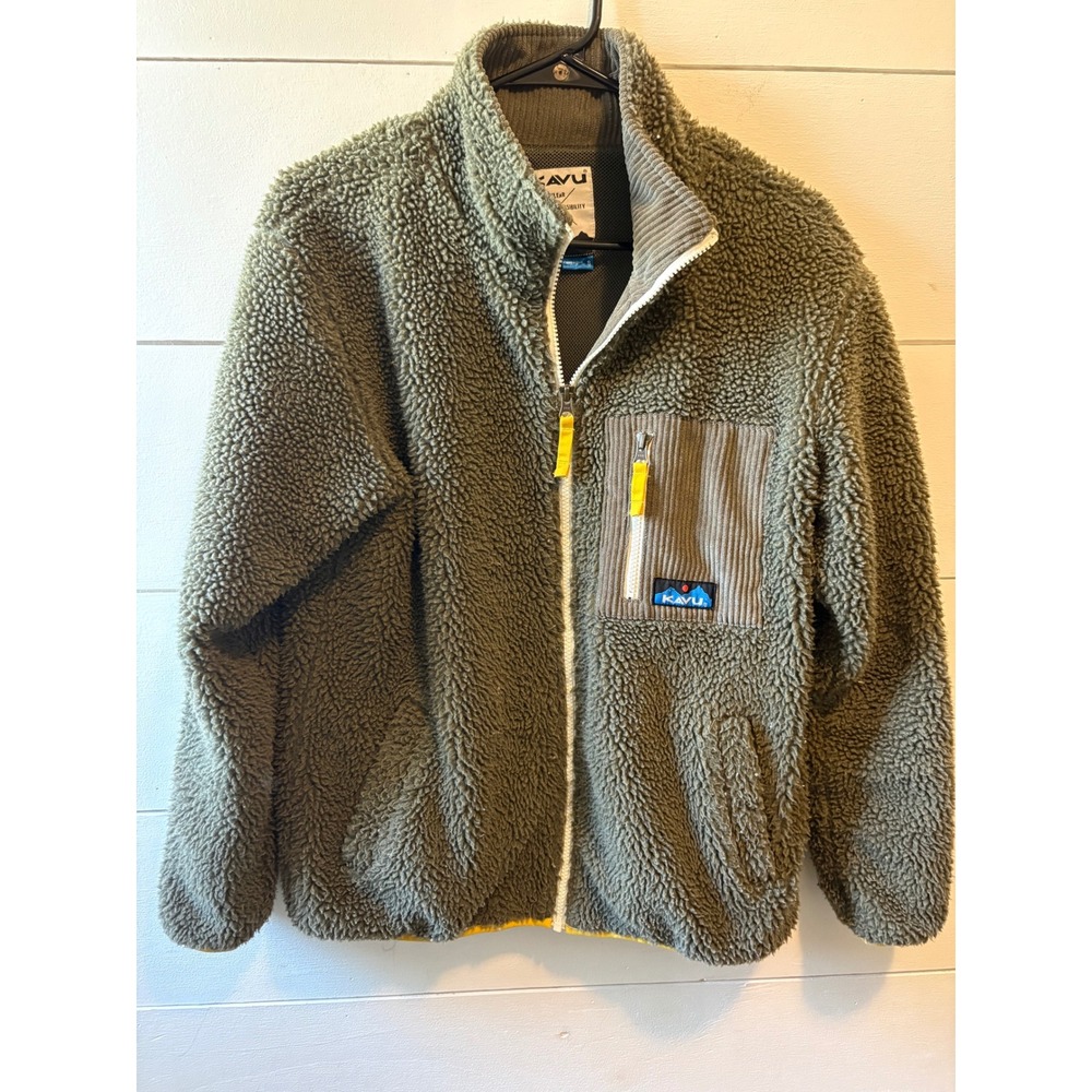 KAVU Winter Throw Fleece Jacket Olive Green Sherpa Corduroy Full Zip Women Small